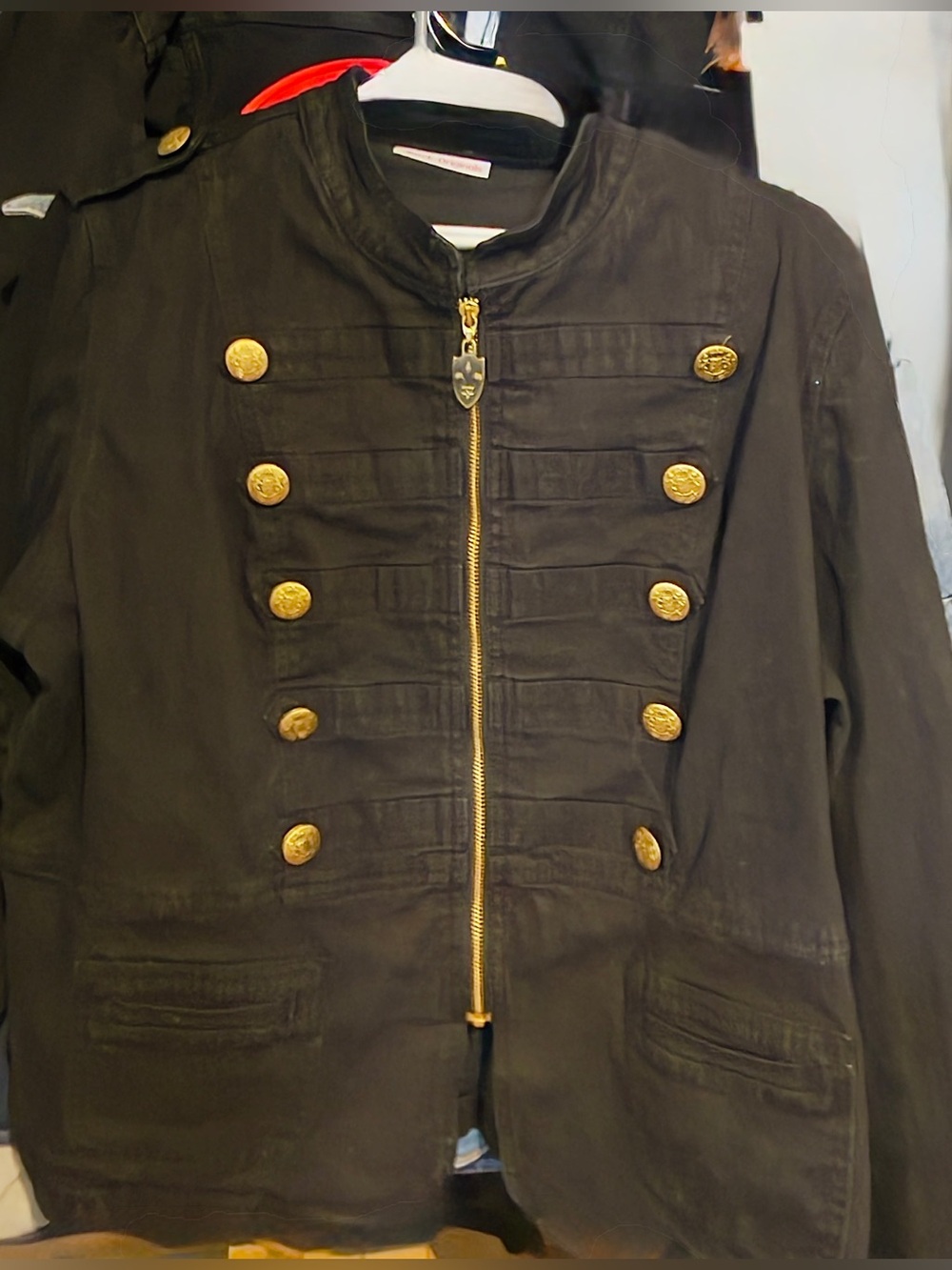 Women’s Military-Style Black Denim Jacket with Gold Buttons & crown on back